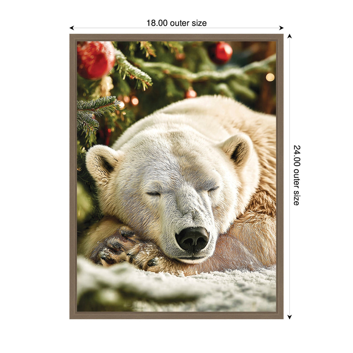 Close-up portrait of a white bear sleeping peacefully beneath a decorated Christmas tree with red ornaments and green branches, showcased in a brown frame.