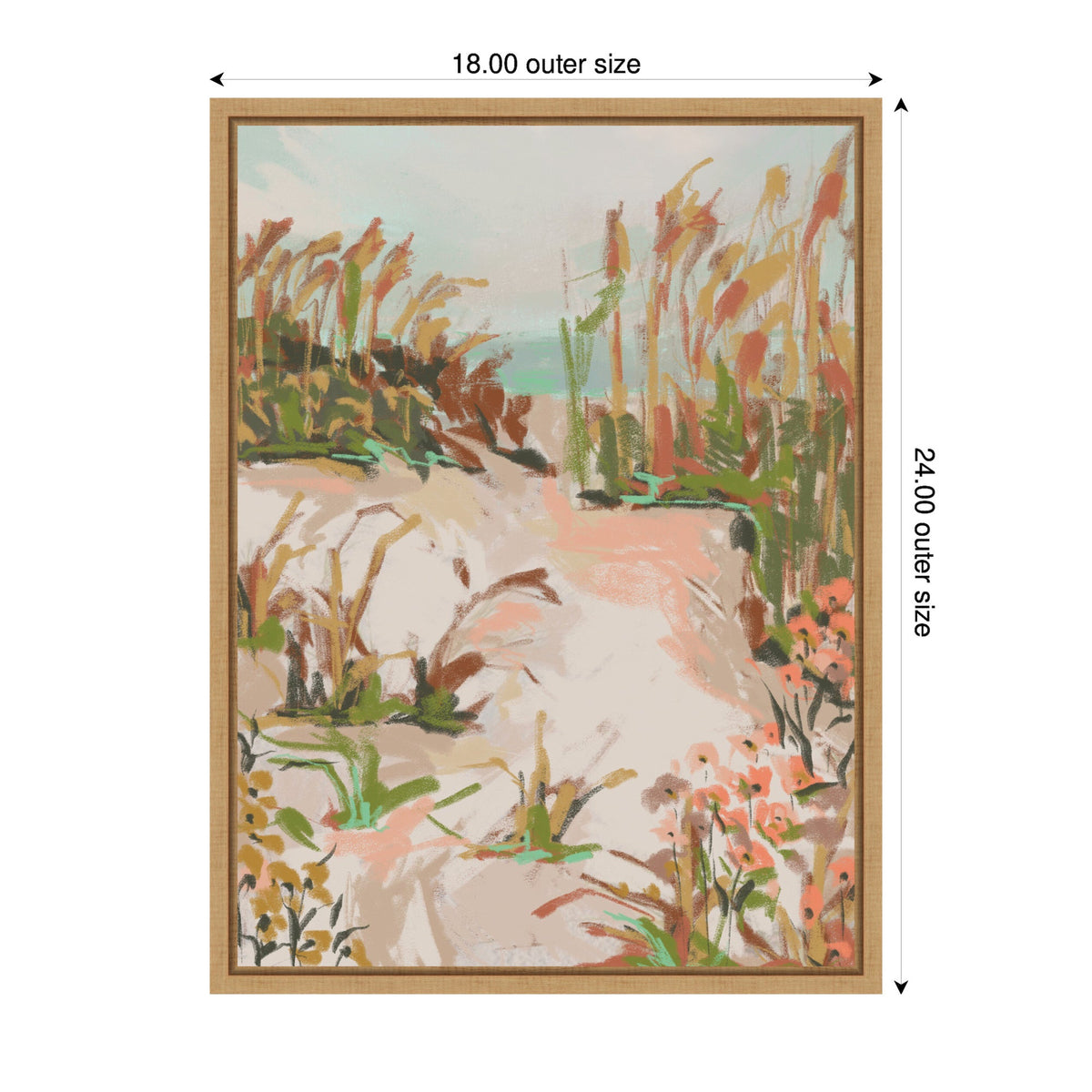 Abstract sunrise seascape painting with soft peach, green, and brown brushstrokes depicting grasses and distant water, framed in simple light wood