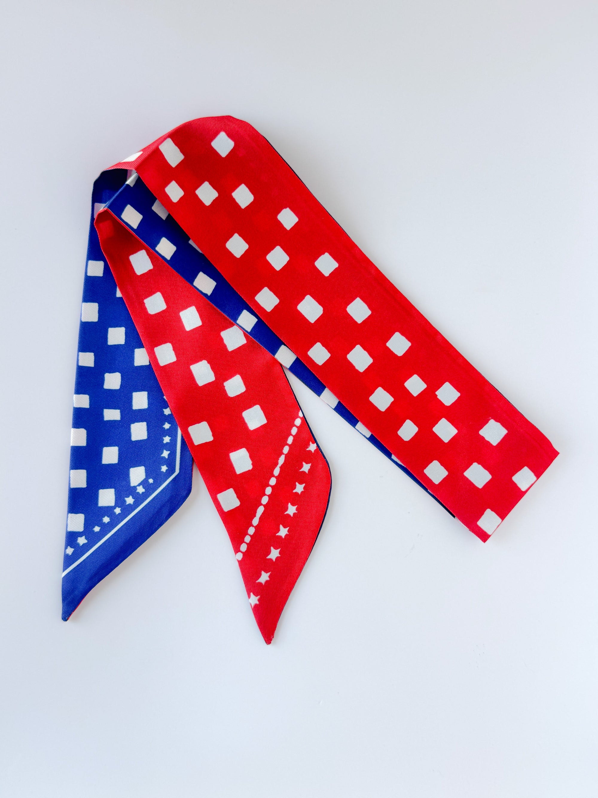 Blue and Red Blocks Twilly skinny scarf with vibrant block print