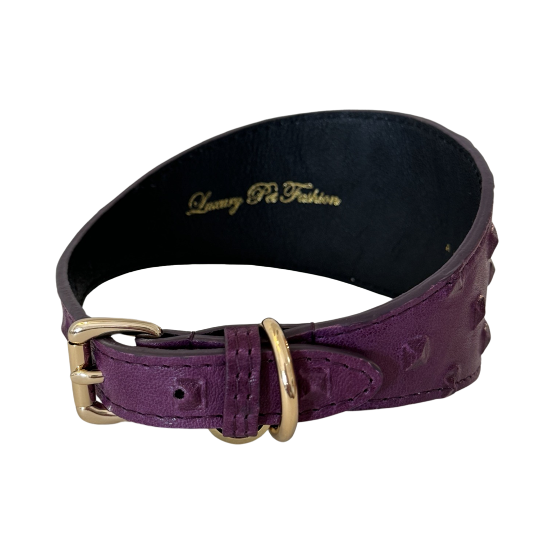 Deep purple embossed Italian leather dog collar with gold buckle and D-ring, showing its smooth black inner lining and decorative studded texture