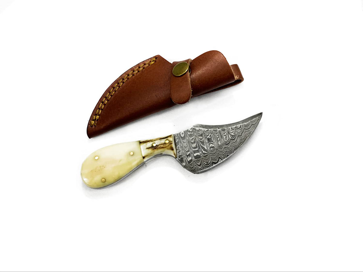 TD-043 fixed blade knife with Damascus steel blade and stag, camel bone handle