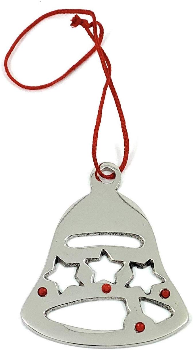 Silver bell-shaped ornament with star-shaped cutouts and four small red ruby accents, suspended on a thin red string looped at the top.