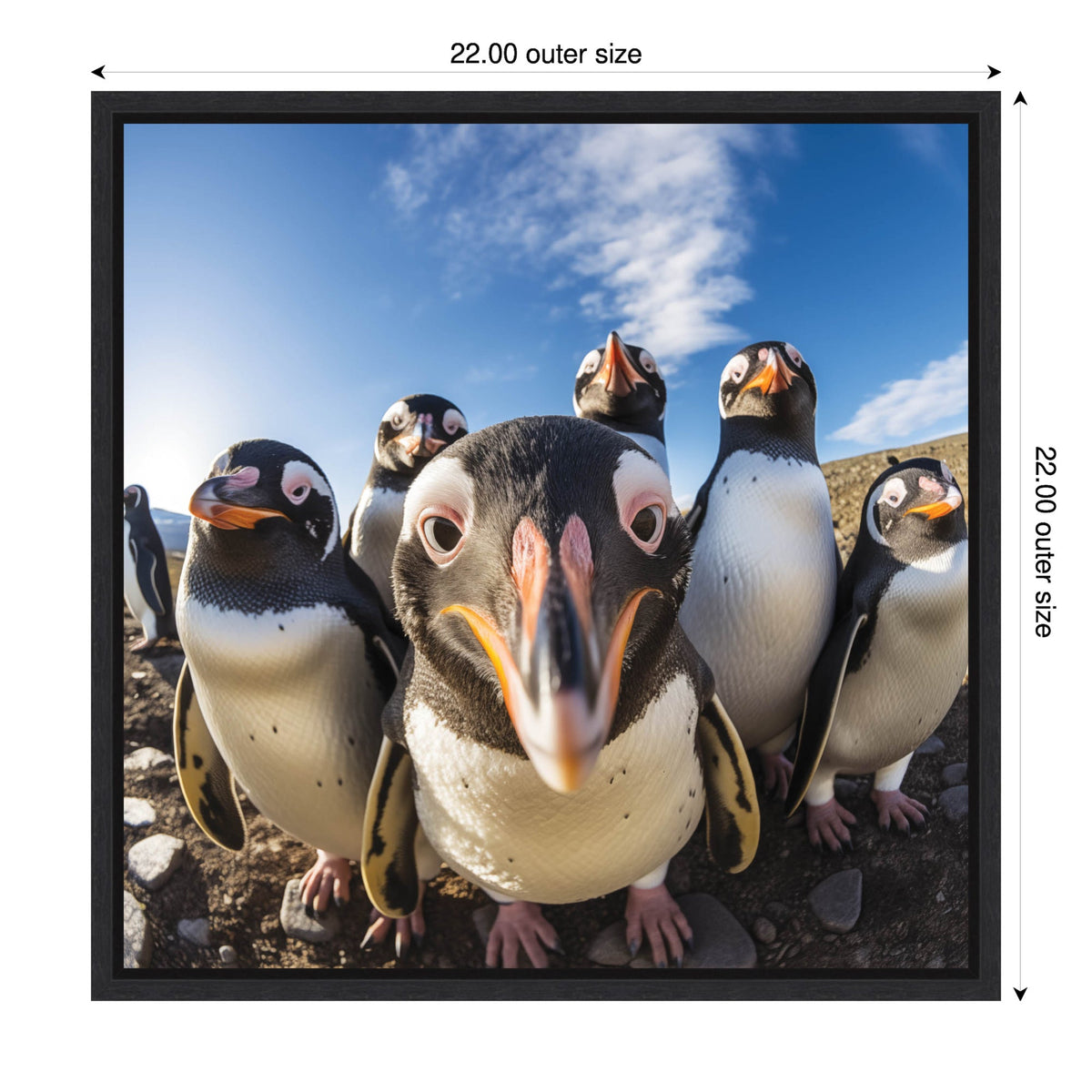 Close-up of a group of penguins with bold black and white feathers and orange beaks under a partly cloudy blue sky, standing on rocky ground.