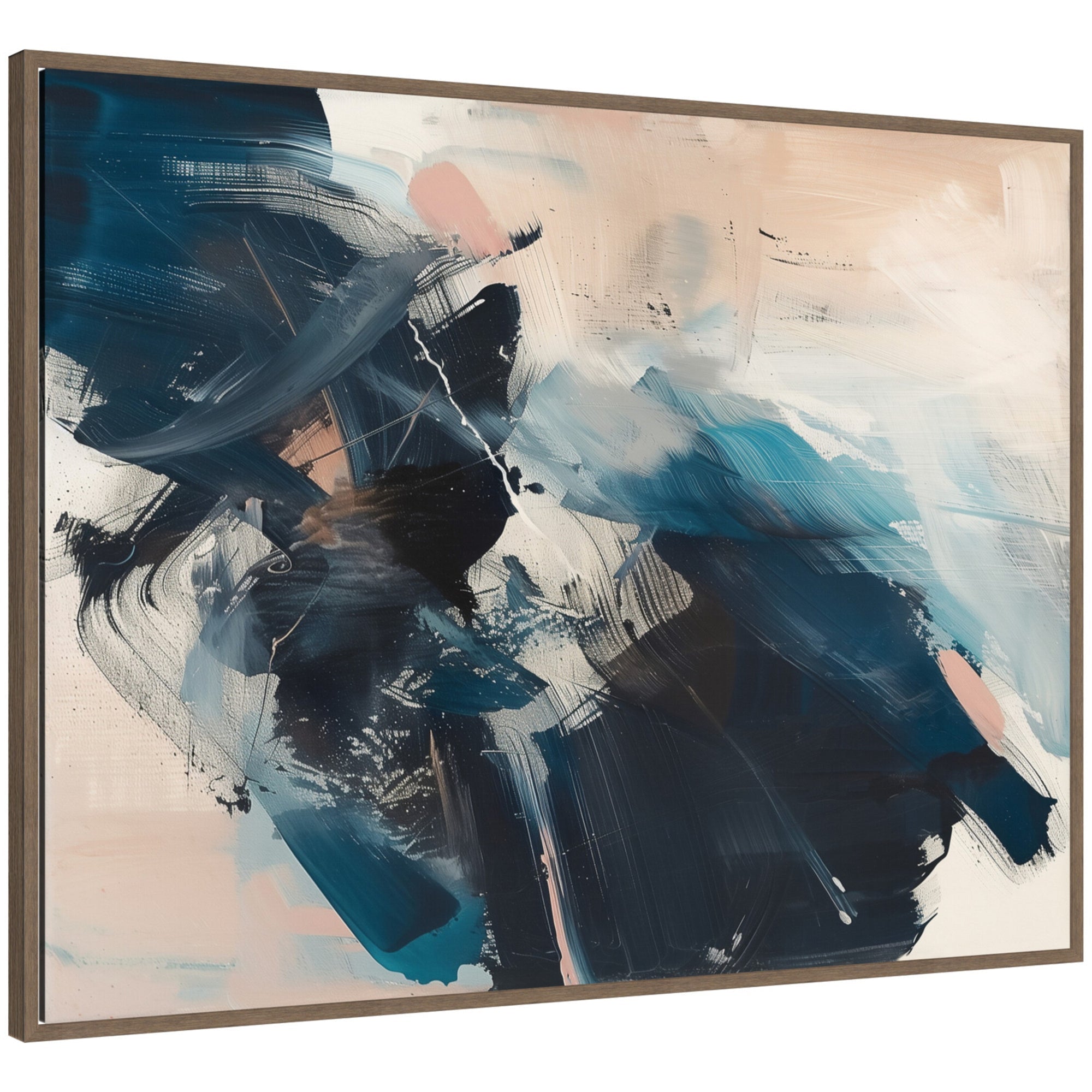 Sylvie Deep Blue Momentum II Framed Canvas by Amy Lighthall showing abstract layered shapes in dark blue on a white background, with a modern thin frame.