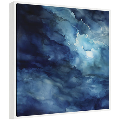 Sylvie Rich Blue Watery Abstract Framed Canvas showing deep blue flowing abstract composition in a modern lightweight polystyrene frame