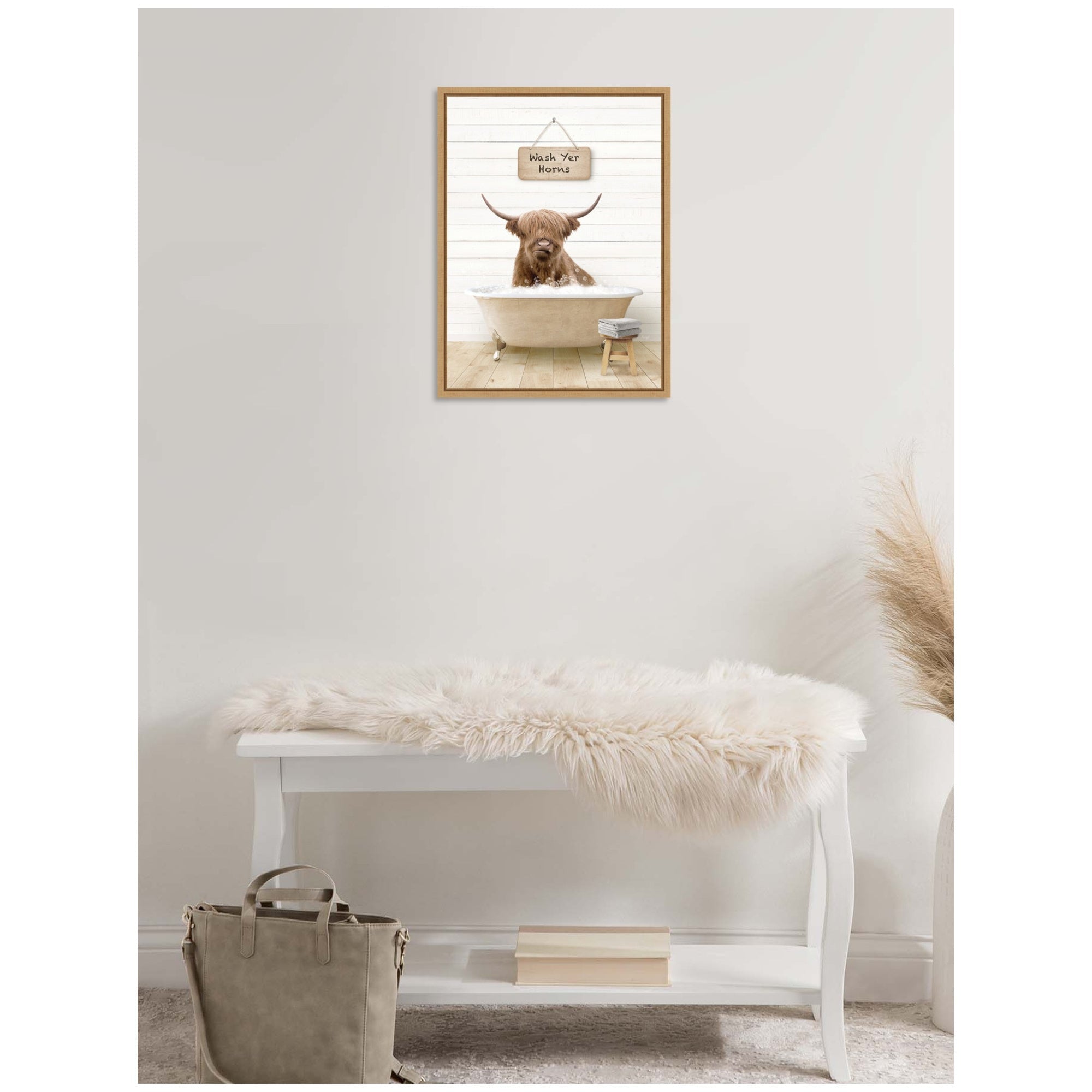 Sylvie Highland Cow in Modern Bathtub Wash Your Horns Framed Canvas
