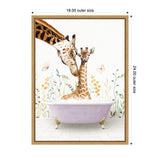 Illustration of a mother giraffe nuzzling her baby in a lavender clawfoot bathtub with spring flowers and butterflies in the background.