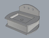 3D rendering of a rectangular fluted marble sink with rounded edges and three circular holes on a curved backsplash panel against a gray background.