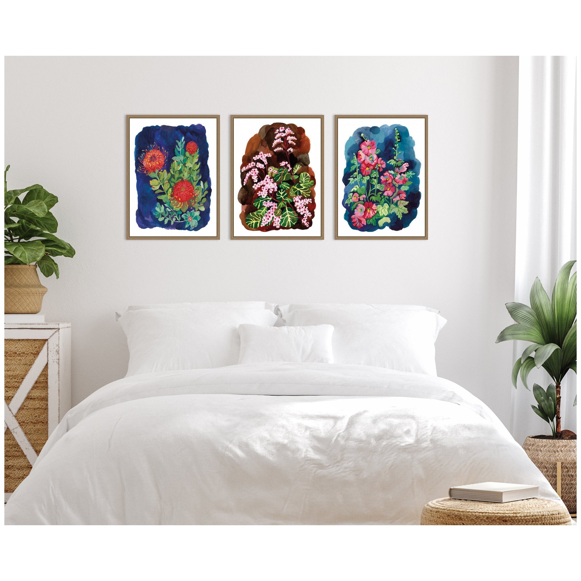 Proteas in Blue & Hollyhock 3 Piece Framed Canvas Wall Art Set by Lucia Gianello