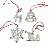 Handmade Christmas Ornaments Set of 4 with Red Ruby featuring snowflake, Santa sleigh, and reindeer on red ribbons