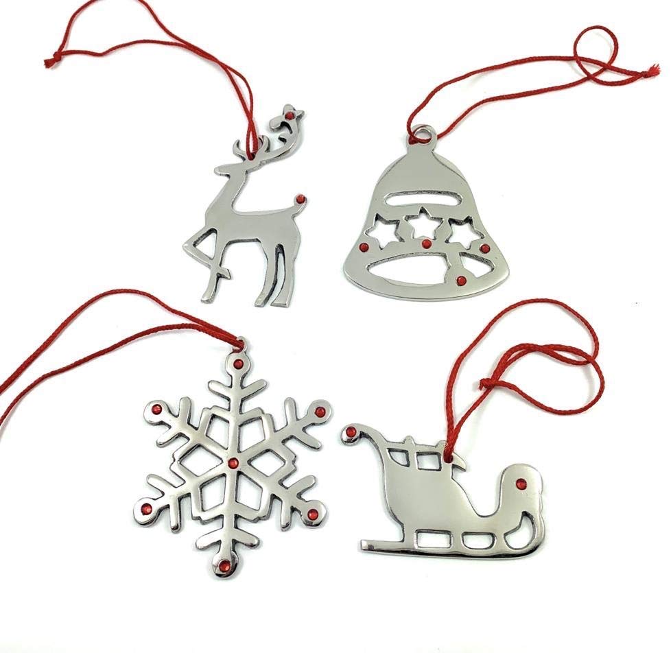 Handmade Christmas Ornaments Set of 4 with Red Ruby featuring snowflake, Santa sleigh, and reindeer on red ribbons