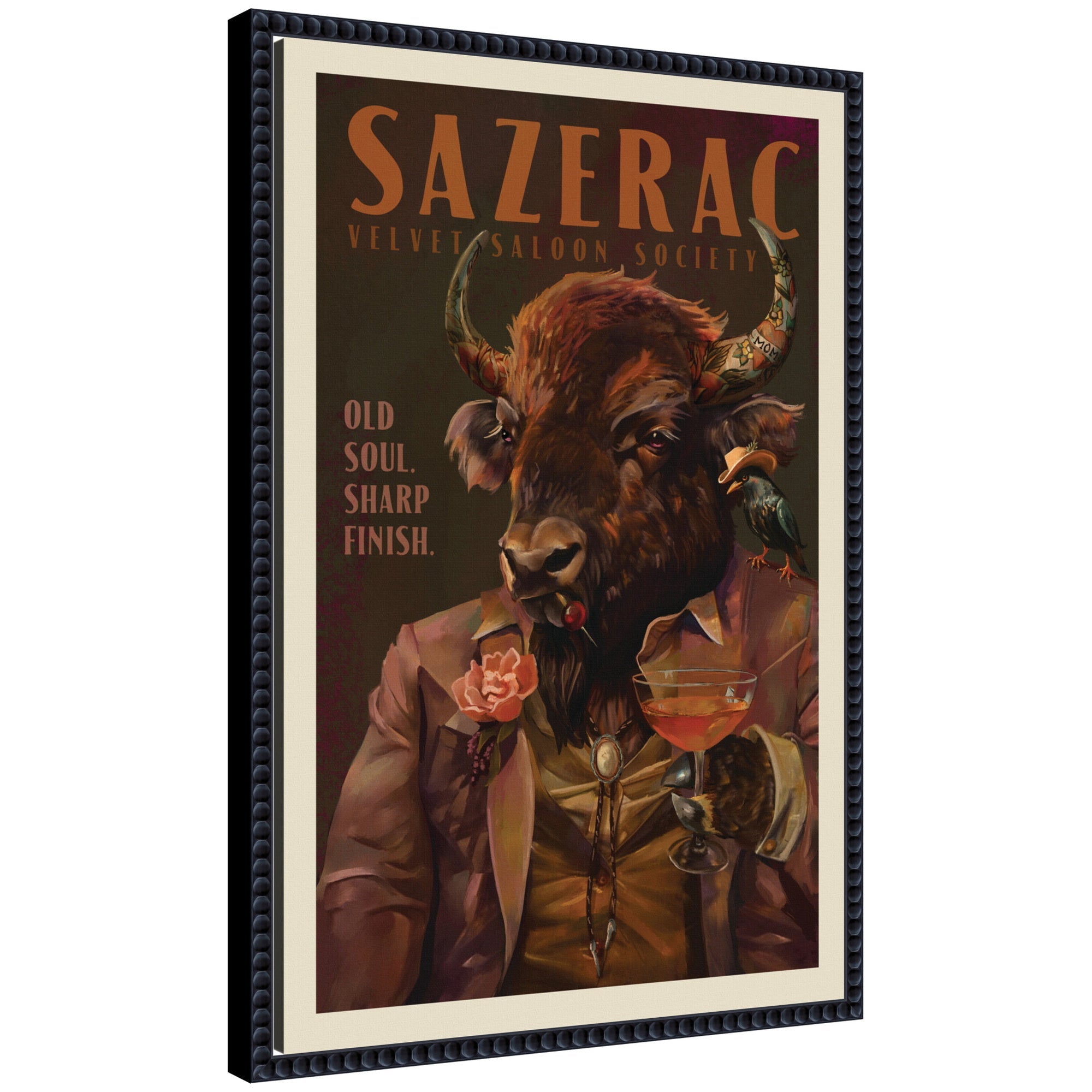 WG Sazerac Bison Buffalo framed canvas wall art print showing a bison in natural colors within a detailed Sylvie Beaded frame