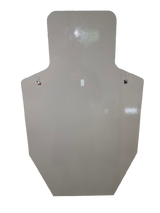 Glossy gray IPSC torso target silhouette with a white rectangular center mark and two small circular holes on each side near the midsection.
