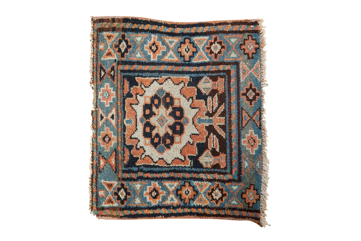 1.5x2 Antique Bagface Kurdish Square Rug Mat showing large palmette and germinating plant motifs in navy, rust, charcoal brown, and ivory