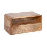 Rectangular wooden side table with rounded edges, featuring an open shelf above a single drawer with natural wood grain patterns.