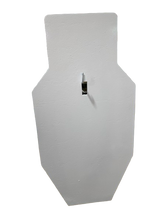 White IPSC torso shooting target with a rectangular cutout in the center, set against a black background.