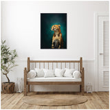 Framed canvas print of a leopard with a teal twilight background hangs above a wooden bench with white cushions in a minimalist room with light walls and wooden floor.