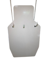 White metal IPSC torso shooting target with rectangular shape, rounded shoulders, and hooks on each side for hanging, shown against a black background.