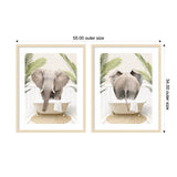 Two framed art prints showing an elephant in a white clawfoot bathtub with green palm leaves, one front view and one rear view, set against a white background.
