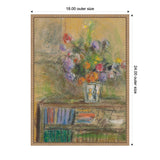 Soft pastel drawing of a colorful bouquet in a glass vase placed on a bookshelf filled with books, framed with a light brown ornate frame.