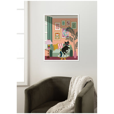 Cocktail Cat by Rachel Lee 3 Birdies Studio Framed Canvas Wall Art Print