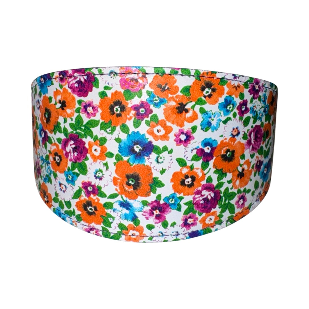 3-inch wide floral leather dog collar with poppy and pansy print by Allysa Payne Beverly Hills