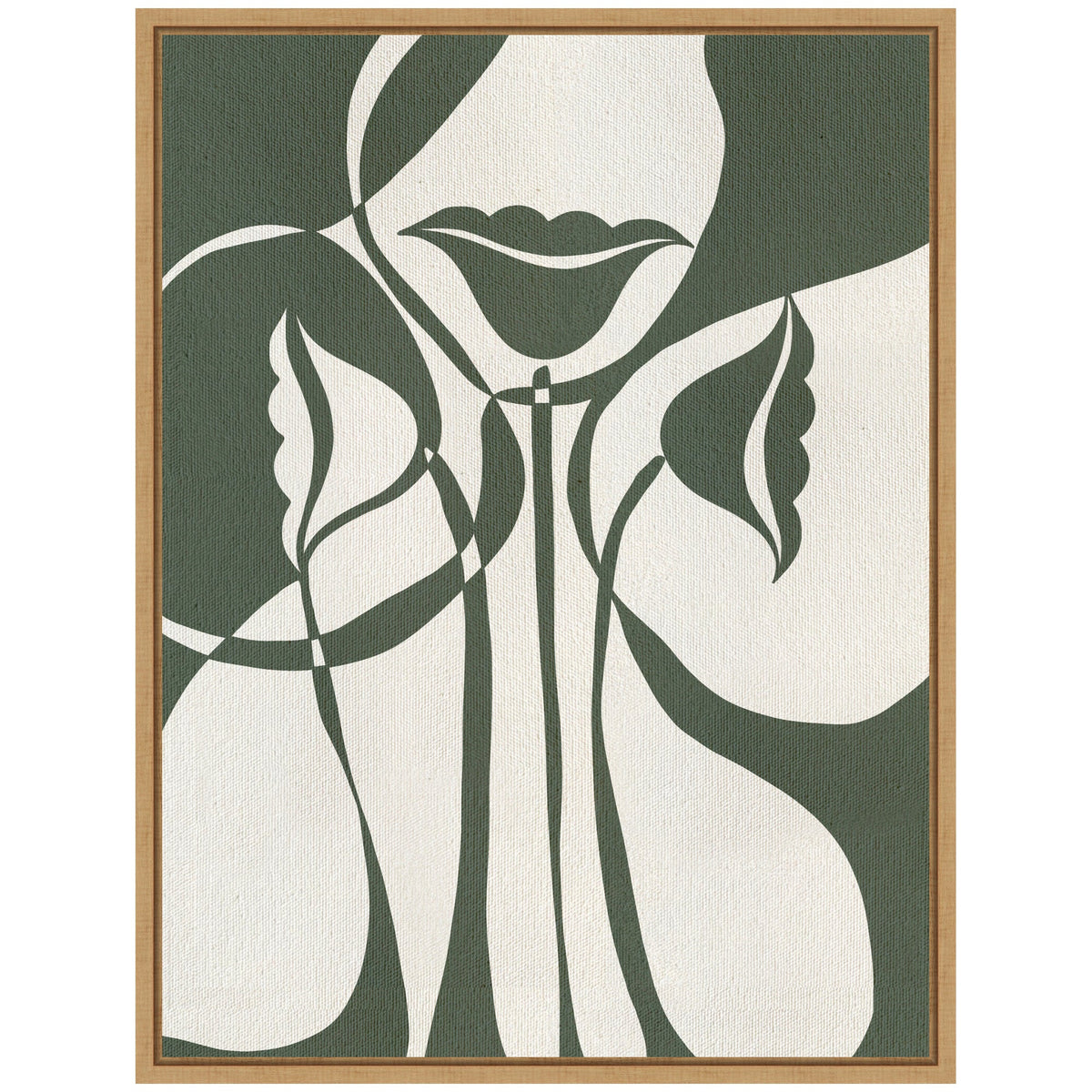 Abstract minimalist artwork featuring dark green and white shapes outlining a partial face with lips and floral elements, framed in light wood.