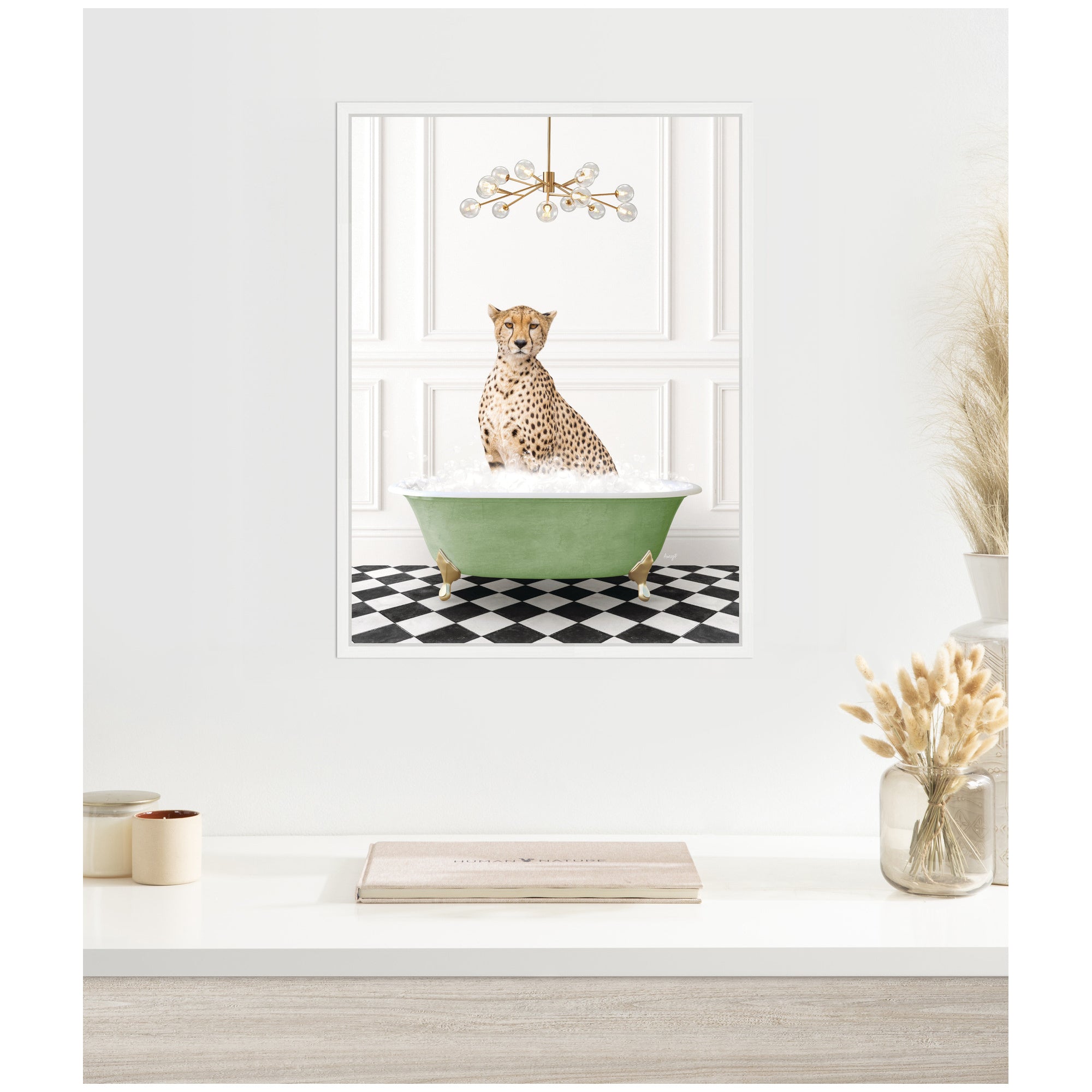 Sylvie Cheetah in Green Bathtub Checker Floor Framed Canvas