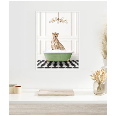 Sylvie Cheetah in Green Bathtub Checker Floor Framed Canvas