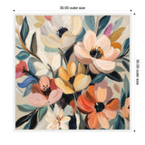 Abstract floral painting with large soft peach, cream, yellow, and coral flowers accented by dark centers and surrounded by blue, green, and mustard leaves on a light background.