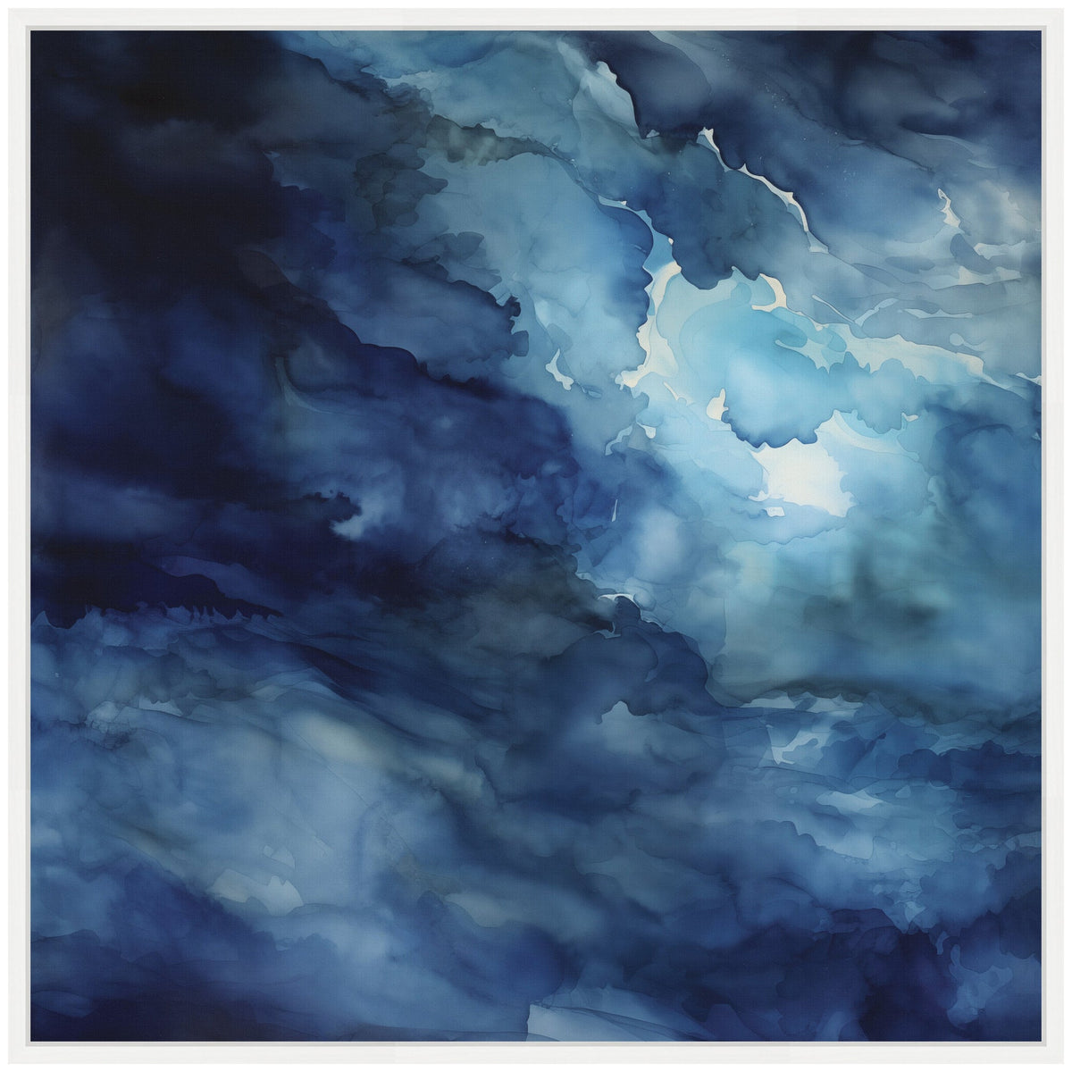 Abstract art with swirling, watery gradients of dark to light blue and grey shades, creating a deep, cloud-like effect on a framed canvas.