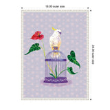 Illustration of a white cockatoo with a yellow crest perched atop a purple birdcage, surrounded by green and red anthurium leaves, on a light lavender patterned background.