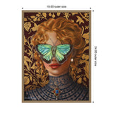 Portrait of a woman with curly auburn hair and red lips, wearing pearl earrings and a detailed blue lace collar, a large green butterfly obscuring her eyes against a gold floral background.