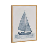 Minimalist print of a blue sailboat with lined sails above stylized wavy blue water, framed in light wood and set against a white background.