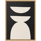 Abstract geometric composition with two white half-circle shapes above a large white rounded trapezoid on a textured black background framed in light wood.