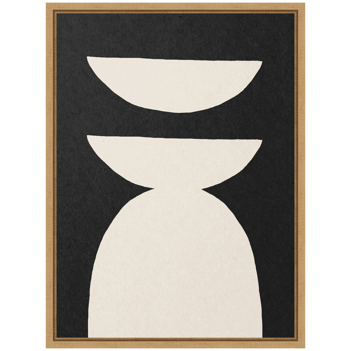 Abstract geometric composition with two white half-circle shapes above a large white rounded trapezoid on a textured black background framed in light wood.