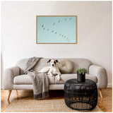 Neutral-toned living room with a light gray tufted sofa, a gray throw blanket, round beige pillow, black rattan coffee table with small green plant, and framed photo of flying pelicans on light blue sky.