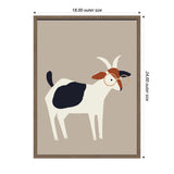 Minimalist illustration of a white goat with black spots and reddish-brown ears wearing round glasses, set against a light beige background in a simple wood frame.