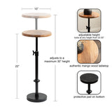Adjustable plant stand with round mango wood tabletop and black metal base, height locks between 22 and 30 inches, with protective bottom pad.