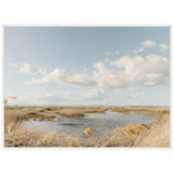 Serene marshland with golden grasses surrounding calm water under a pale blue sky dotted with soft white clouds and three flying birds.