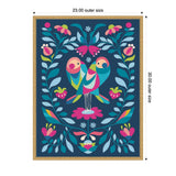 Framed canvas artwork featuring two stylized love birds perched back-to-back on a pink flower surrounded by symmetrical blue, pink, and green floral and butterfly shapes on a dark blue background.