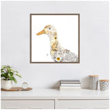 Framed canvas wall art of a duck profile with delicate floral embellishments around its neck on a white background, hanging above a white dresser with books and plants.
