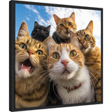 Five curious cats, including tabbies and an orange-and-white cat, gathered closely looking downwards with a blue sky background.