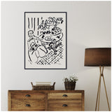 Black line drawing of a seated woman reaching towards a round table with plants, set in a minimalist room above a wooden chest and beside a floor lamp.