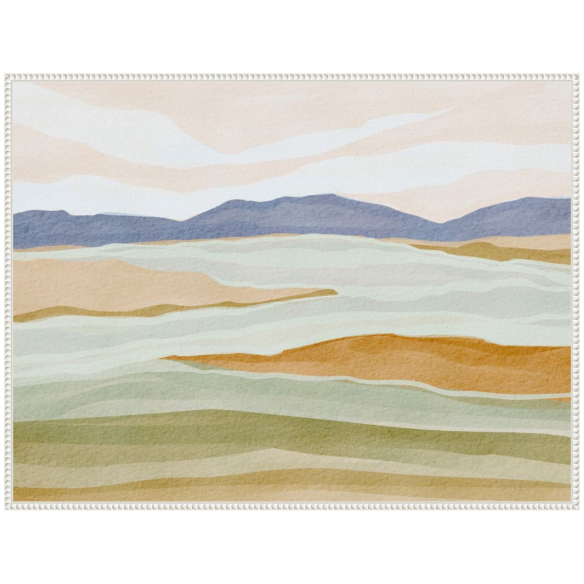 Abstract landscape painting with layered hills in muted tones of blue, beige, green, and rust, depicting a serene dreamlike hillscape under soft pastel sky.