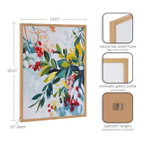 Botanical abstract print with vibrant jewel-tone leaves and flowers in a natural oak wood frame with minimalist gallery profile.
