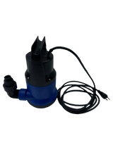 Compact blue and black submersible pump with a curved black outlet and attached long black electrical cord ending in a two-prong plug, shown on white background.