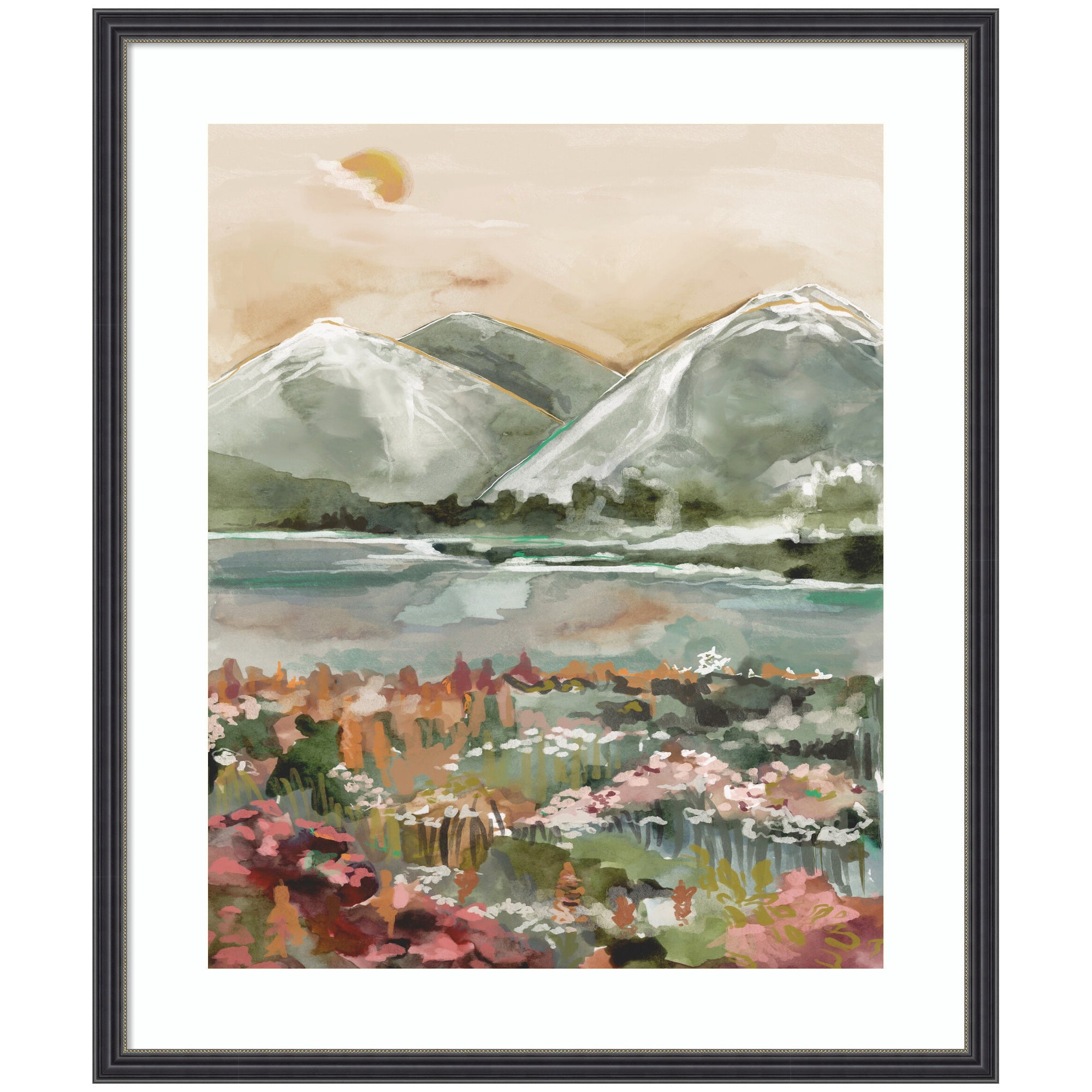 Framed Art Neutral Landscape 03 by Annie Quigley showing snow-capped mountains with a colorful meadow and watercolor texture.