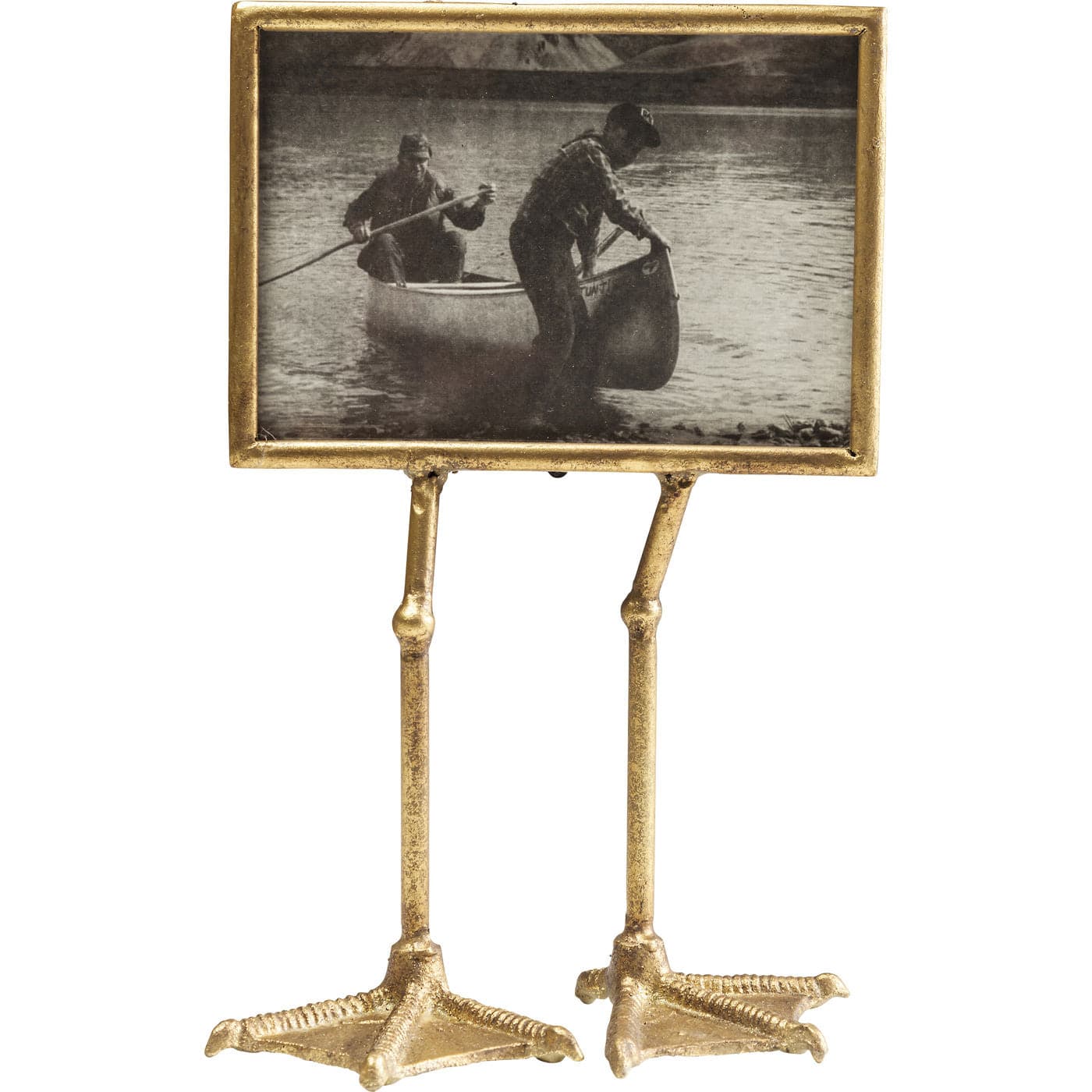 Gold lacquered picture frame with two duck feet as support, holding a 13x18 cm photo, shown on a neutral surface.