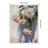 Soft pastel painting of a hanging white and peach flower bouquet with green leaves, framed in a white textured frame, measuring 18 by 24 inches.